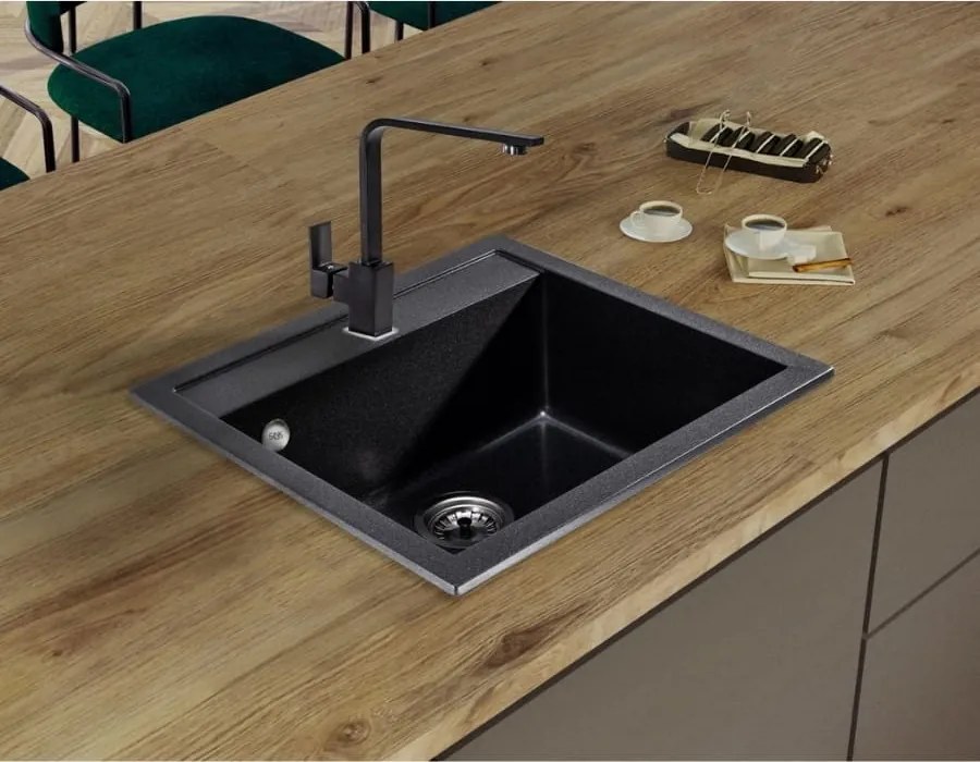 Sink Quality Ferrum, kuchynský granitový drez 565x510x205 mm + zlatý sifón, čierna škvrnitá-Brocade, SKQ-FER.B.1K60.XG