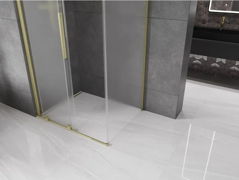 Mexen Velar, sprchový kút s posuvnými dverami 100 x 110 cm, 8mm sklo námraza, zlatá matná, 871-100-110-31-55