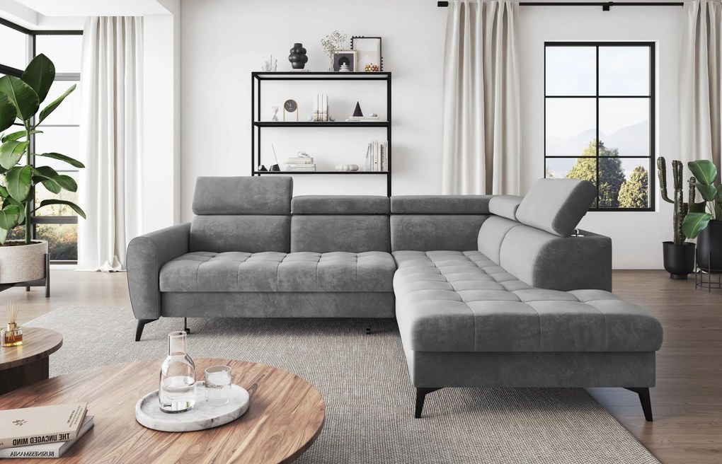 Pravý šedý roh s funkciou spania Bjorn L s opierkami hlavy a úložným priestorom.