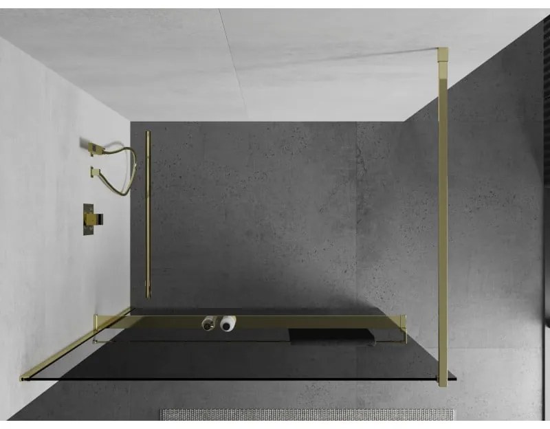 Mexen Kioto+, sprchová zástena s poličkou a držiakom na uteráky 120 x 200 cm, 8mm šedé sklo, zlatý profil, 800-120-121-50-40