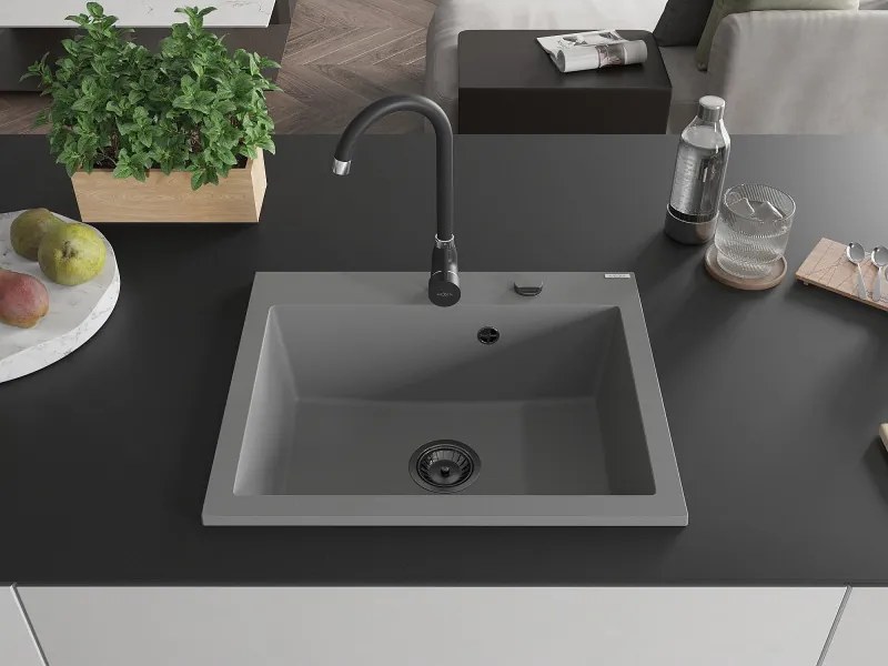 Mexen Elix, 1-komorový granitový drez 600 x 500 mm, sivý, čierny sifón - 6525601005-71-B