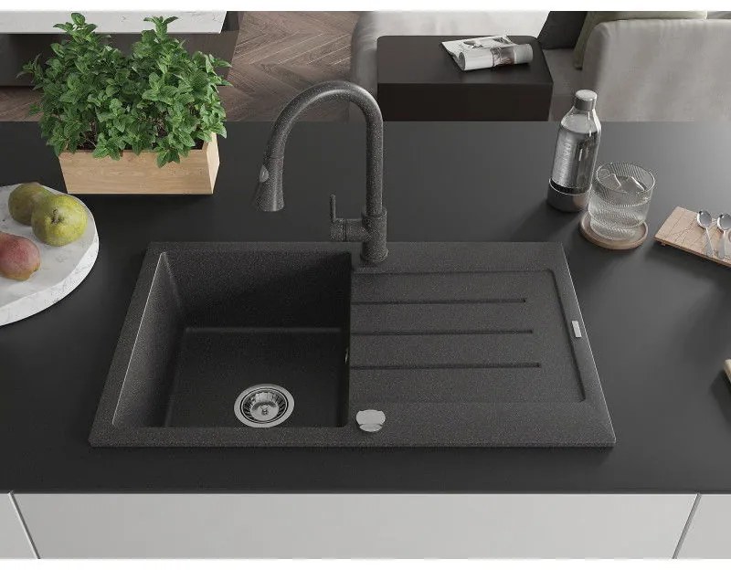 Mexen Bruno, 1-komorový granitový drez 795x495x200 mm a drezová batéria Elia, čierna škvrnitá, 6513-76-670101-76