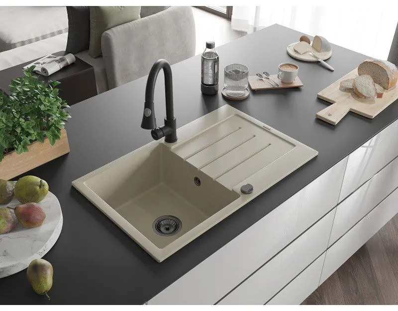 Mexen Bruno, 1-komorový granitový drez 795x495x200 mm a drezová batéria Elia, béžová, 6513-69-670101-70