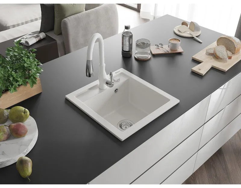 Mexen Vito, 1-komorový granitový drez 520x490x210 mm a drezová batéria Savita, biela, 6503-20-672601-20