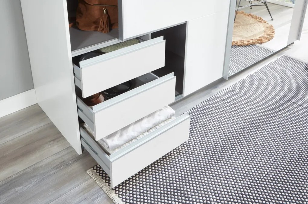 Šatníková skriňa so zrkadlom Emden, 225 cm, biela