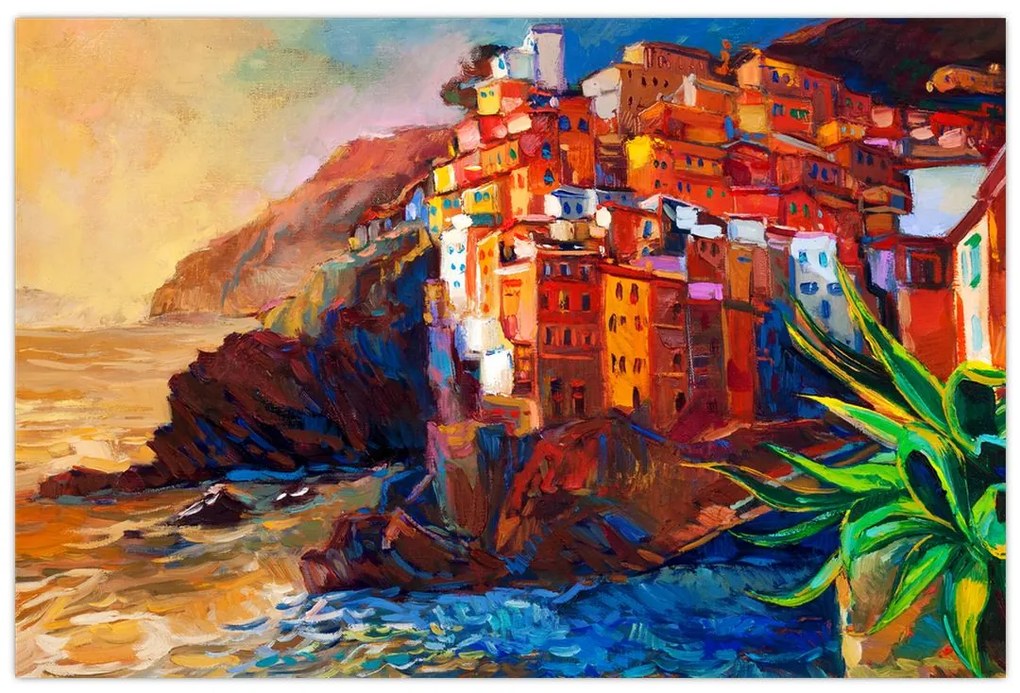 Obraz - Dedina na pobreží Cinque Terre, Talianska riviéra, moderný impresionizmus (90x60 cm)