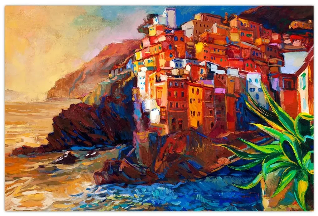 Obraz - Dedina na pobreží Cinque Terre, Talianska riviéra, moderný impresionizmus (90x60 cm)