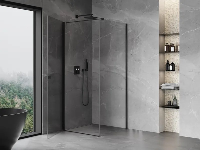 Mexen Mist-B, 1-krídlový výklopný sprchový kút 95 x 95 cm, číre sklo, čierny profil, 8A2T-095-095-70-00