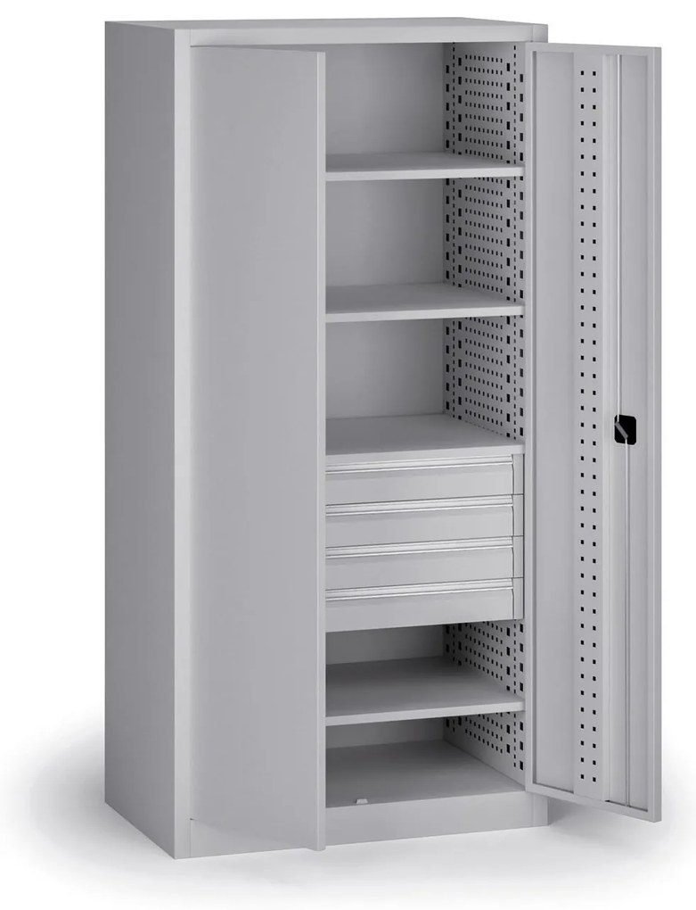 Policová dielenská skriňa na náradie KOVOS, 4 police, 4 zásuvky, perforovaná, 950 x 600 x 1950 mm, sivá