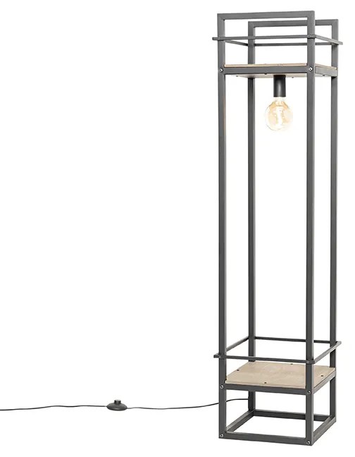 Priemyselná stojaca lampa čierna s drevenými prvkami - Cage Rack
