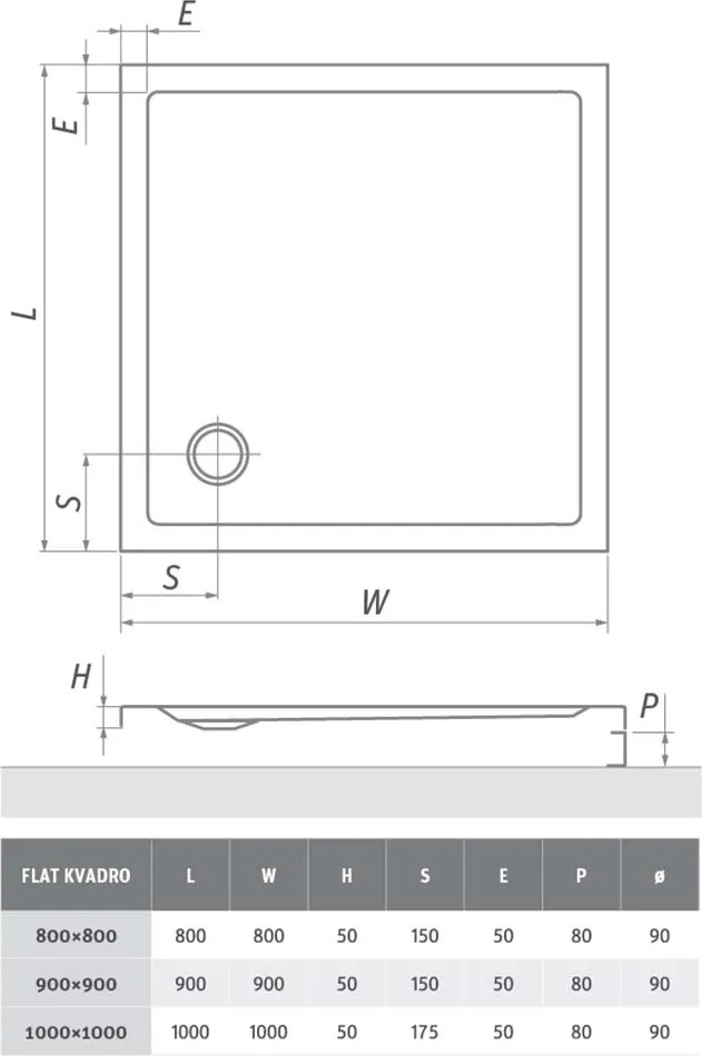 Roth Štvorcová akrylátová sprchová vanička FLAT KVADRO ROTH-Variant: rozmery: 80x80 cm - (FLAT KVADRO 800x800 - 8000118)