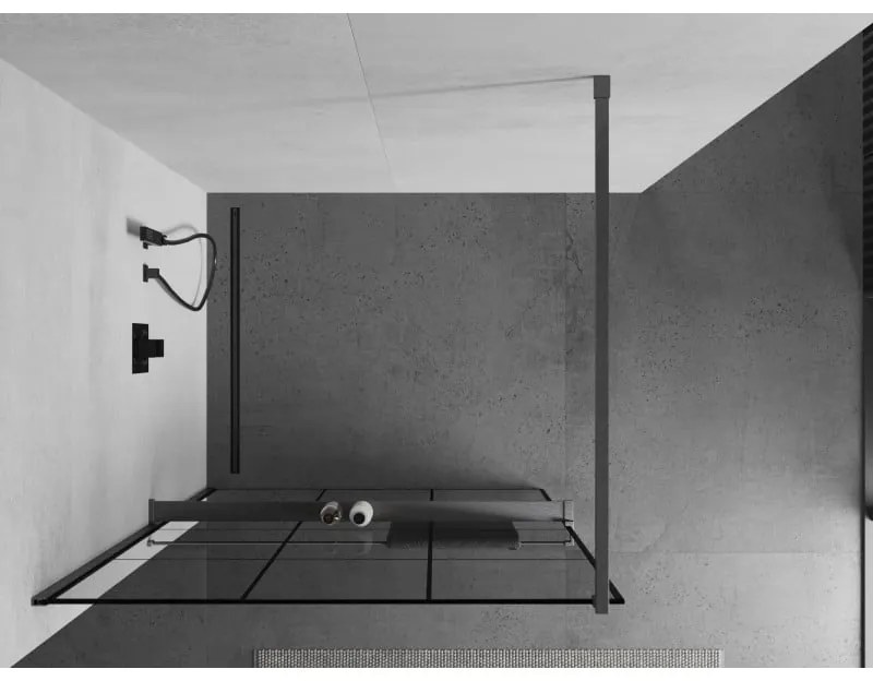 Mexen Kioto+, sprchová zástena Walk-In s poličkou a vešiakom 110 x 200 cm, 8mm číre sklo čierny vzor, grafitový profil, 800-110-121-66-77