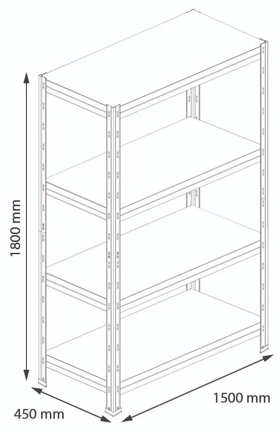 Bezskrutkový kovový regál RIVET, 180x150x45 cm, 4x HDF polica, zinok