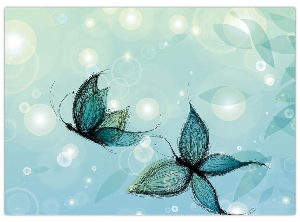 Sklenený obraz - Modré motýliky (70x50 cm)