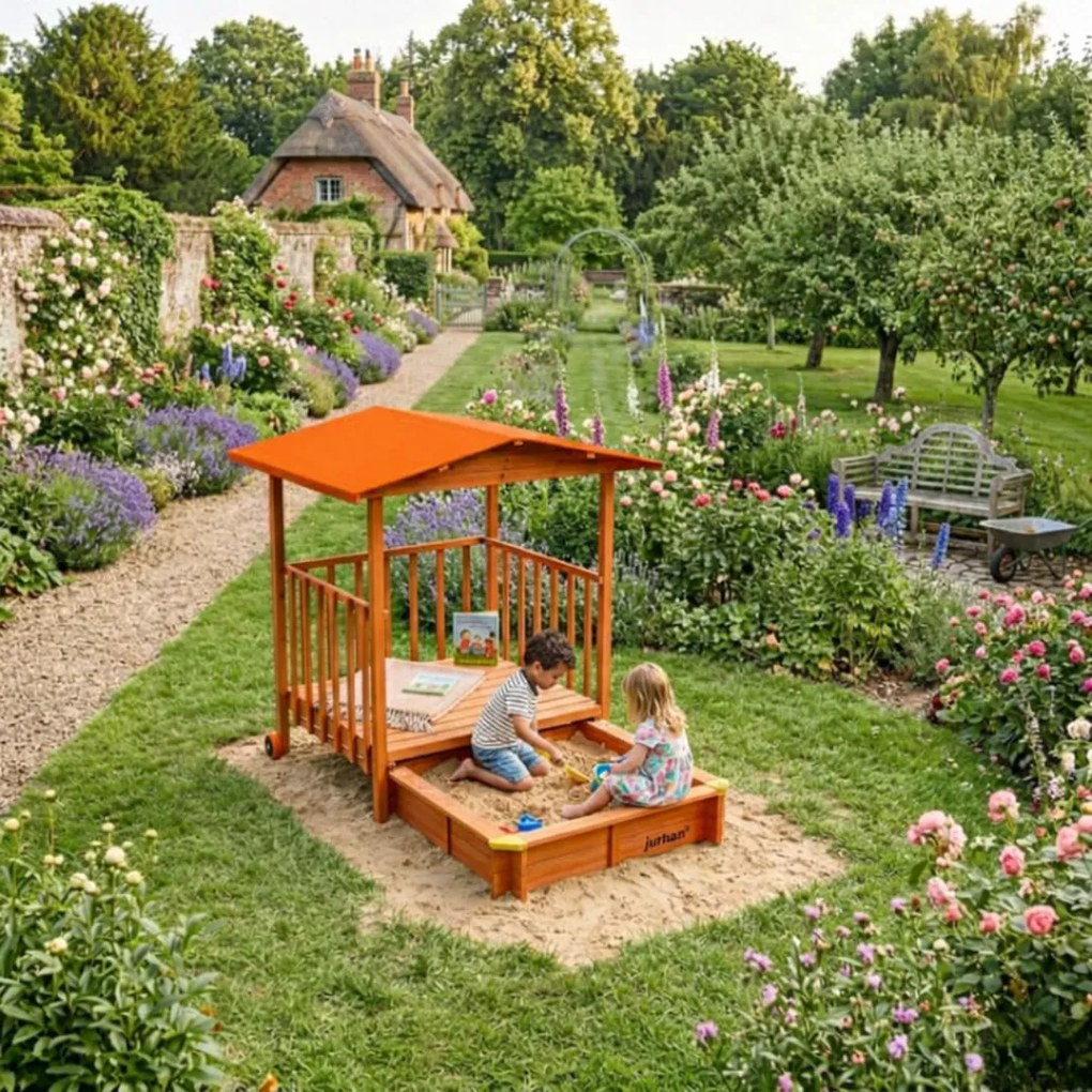 Pieskovisko s verandou SUNNY, 130x130x143cm, hnedá/oranžová Jurhan