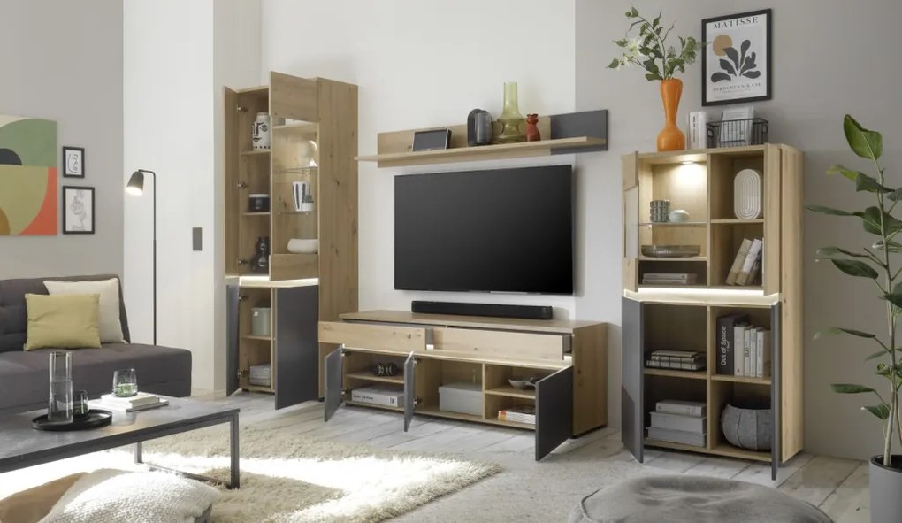 TV skříňka s policí Lille, dub artisan/antracit, s osvětlením