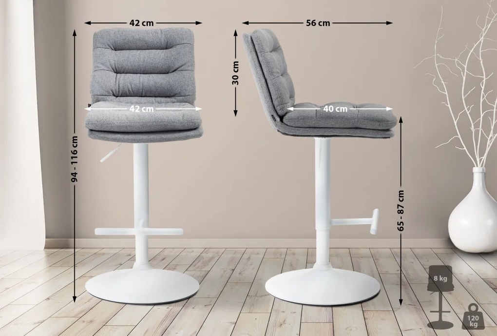 Barová stolička Damar - látka, biely rám - šedá