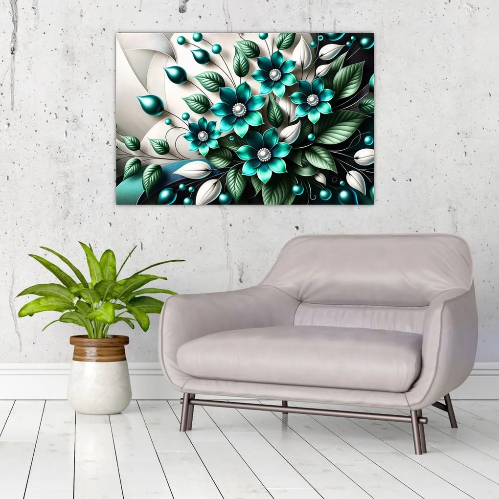 Obraz - 3D tyrkysové kvety (90x60 cm)