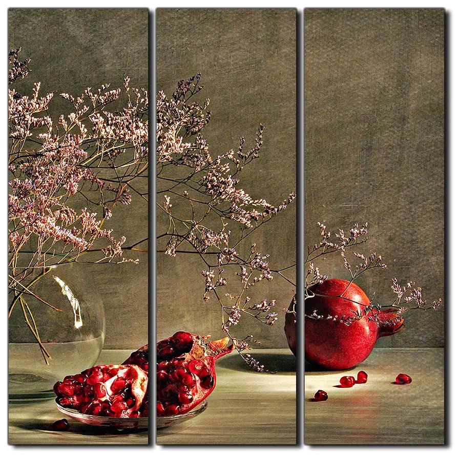 Obraz na plátne - Zátišie - vetva a granátové jablko - štvorec 3274B (105x105 cm)