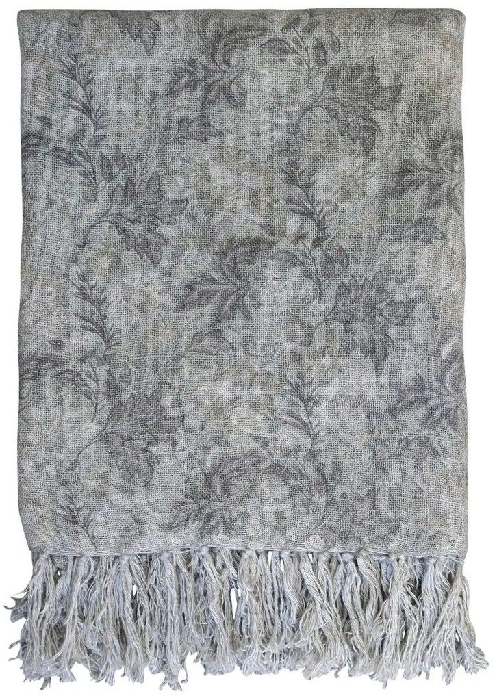 Béžovo-zelený ľanový pléd so kvetovaným vzorom a strapcami French floral - 130*170 cm