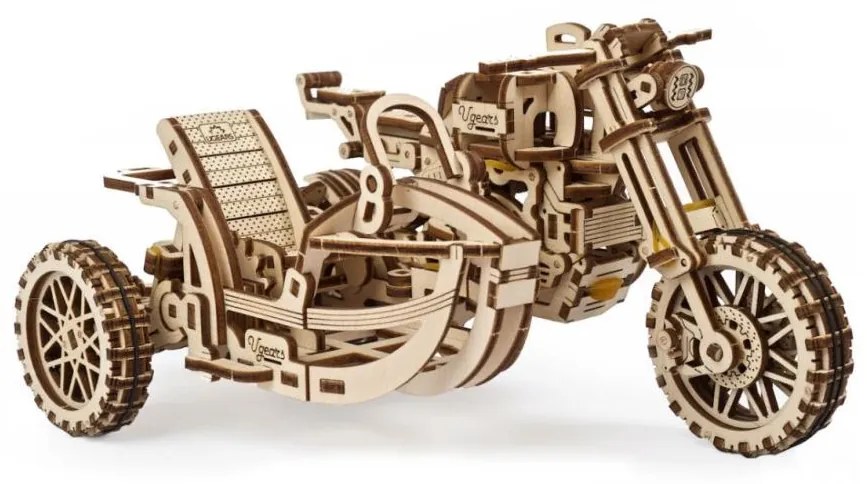 Ugears - 3D drevenené mechanické puzzle Motorka scrambler s vozíkom