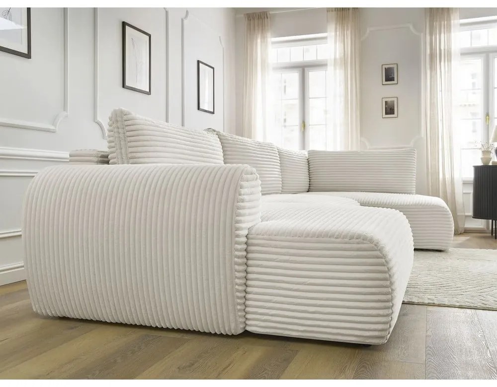 Krémovobiela menčestrová rozkladacia/s úložným priestorom rohová pohovka (pravý roh/do tvaru "U") Lucien – Bobochic Paris