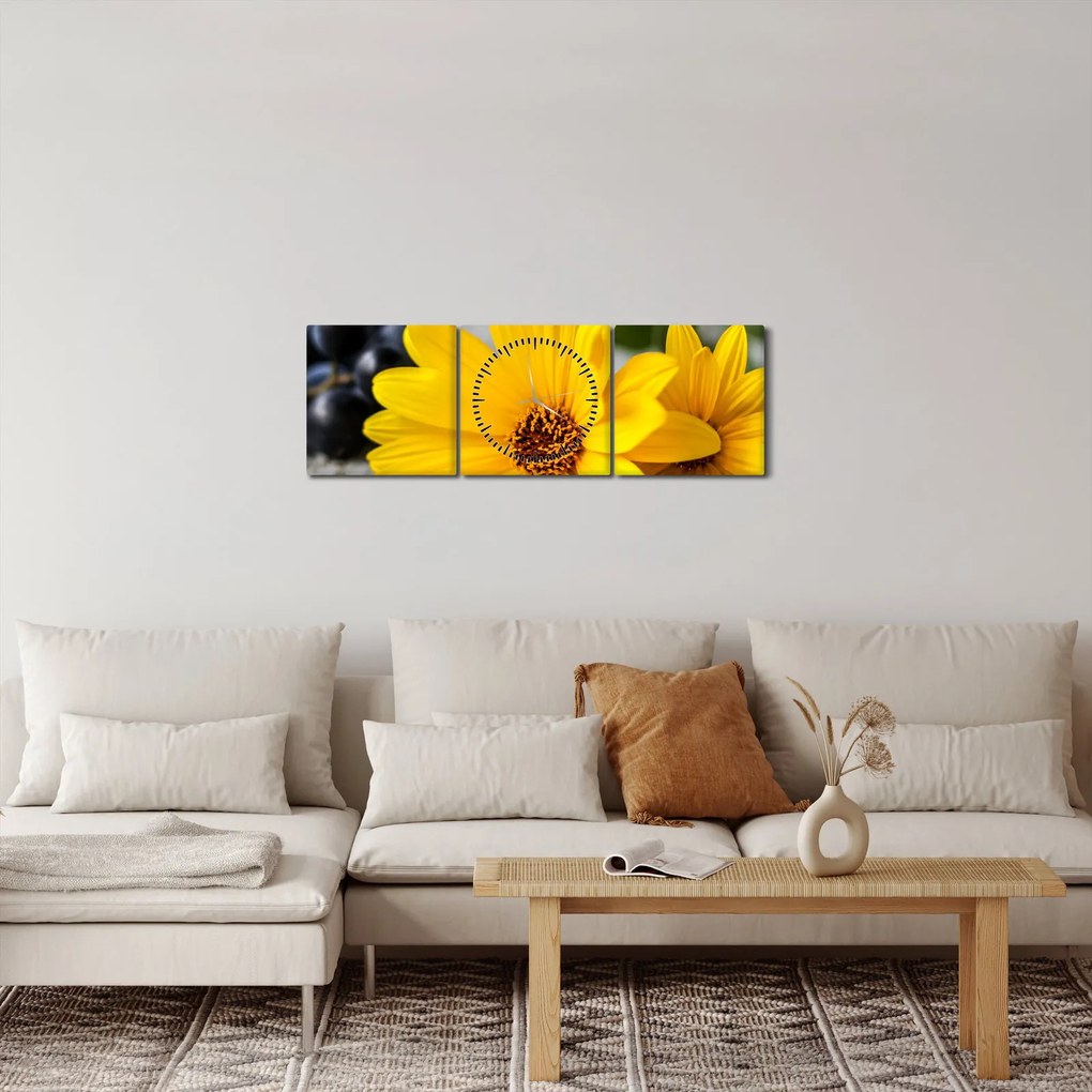 Obraz žltej kvetiny (s hodinami) (90x30 cm)