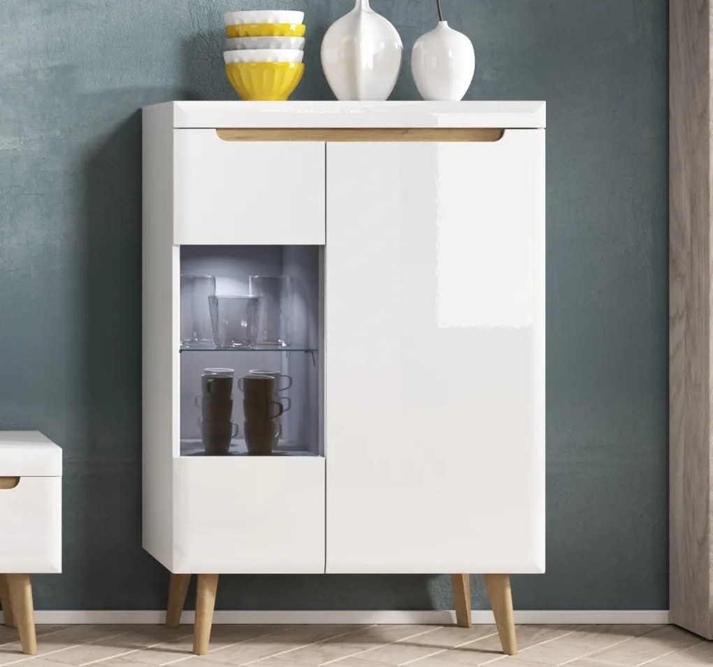 Nízka vitrína Nordi, dub riviéra/biela lesk