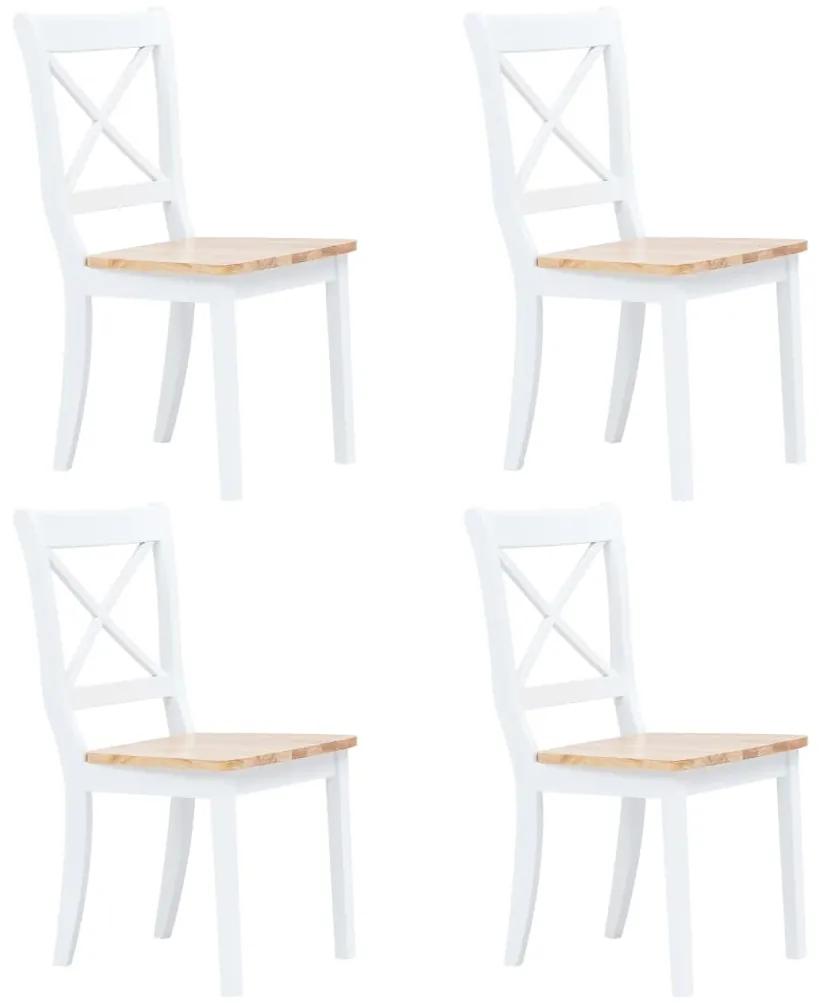 Jedálenské stoličky 4 ks, biele a svetlé drevo, kaučukový masív