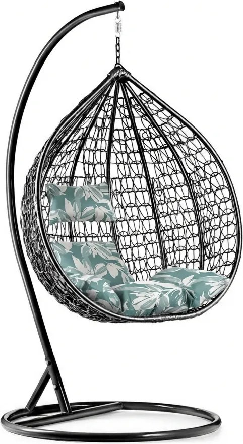 Čierne závesné kreslo KOKON so stojanom, zeleno-biely vankúš