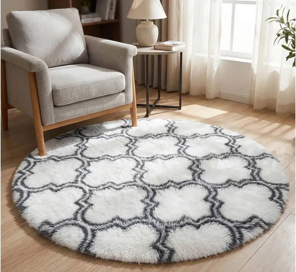 TZ Biely okrúhly vzorovaný koberec shaggy Decor Latern Rozmer: 140 cm