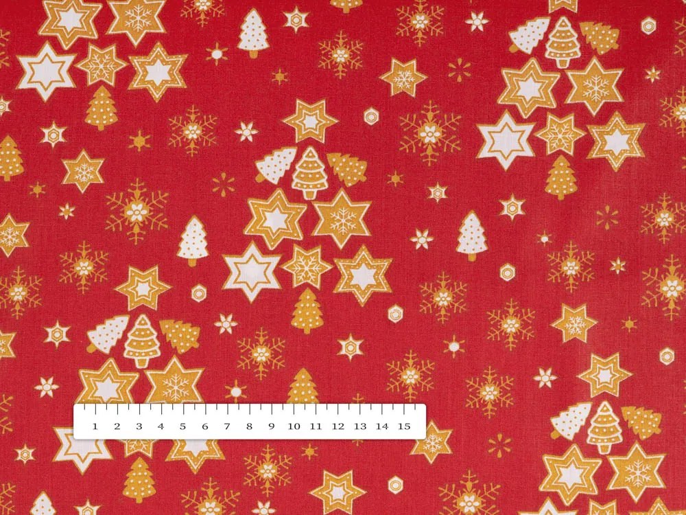 Biante Vianočná bavlnená obliečka na vankúš s lemom Sandra SA-408 Hviezdičky a stromčeky na červenom 30 x 50 cm