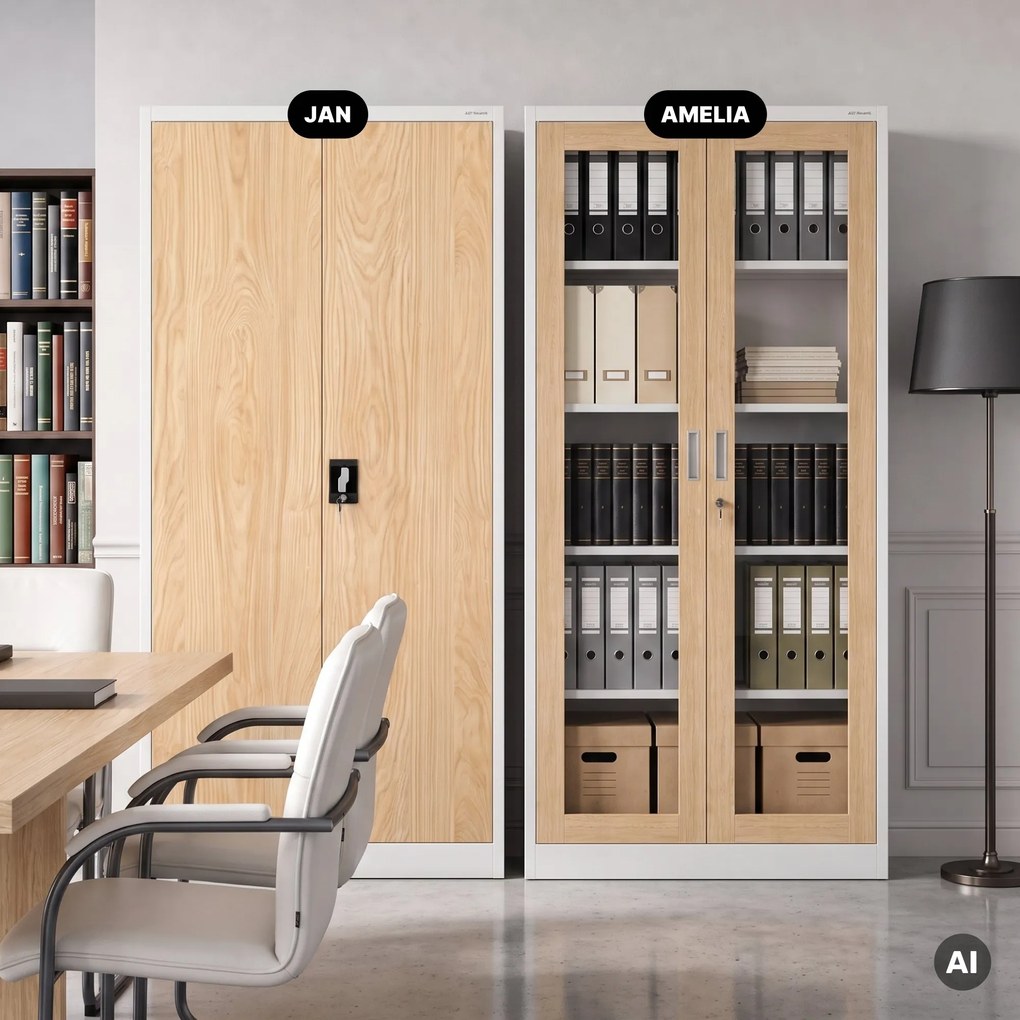 Kovová skriňa s vitrínou biela, dub sonoma, 900x1850x400 mm: AMELIA Eco Design