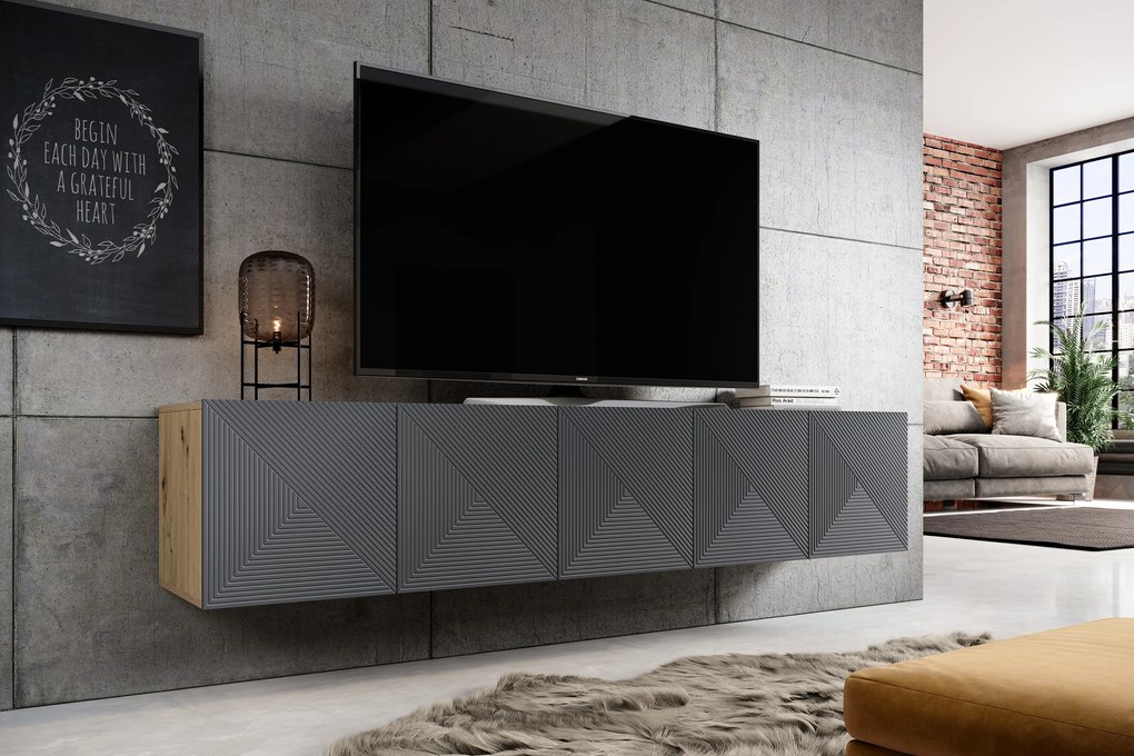 Závesná RTV skrinka Asha 200 cm s ryhovaným frontom - dub artisan / rivier stone mat