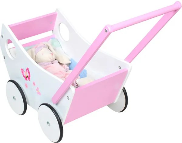 ISO Drevený kočík pre bábiky, ružová / biela, P4583