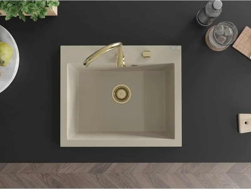 Mexen Elix granitový drez 1-komorový 600 x 500 mm, béžový, sifón zlatý - 6525601005-69-G