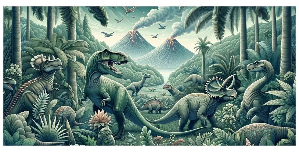 Obraz praveký svet dinosaurov v džungli