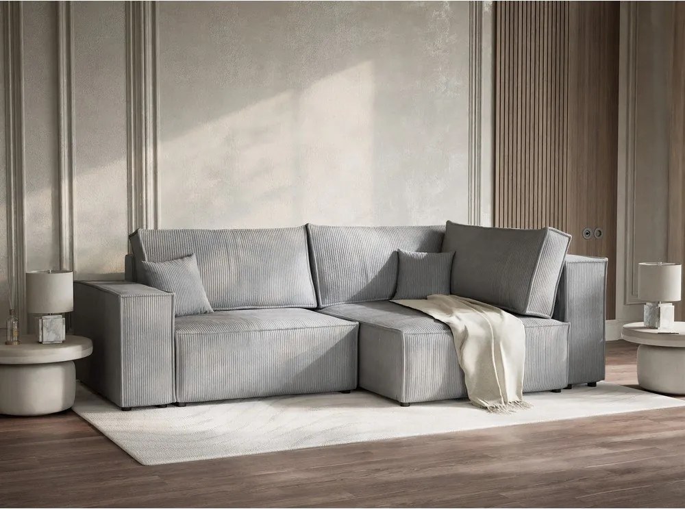 Sivá menčestrová rozkladacia/s úložným priestorom rohová pohovka (pravý roh/do L) Tonga – Maison de Rêve