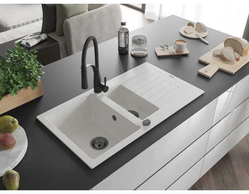 Mexen Matias, granitový drez 900x505x200 mm, 1,5-komorový a drezová batéria Aster, biela, 6502-20-73450-70-B
