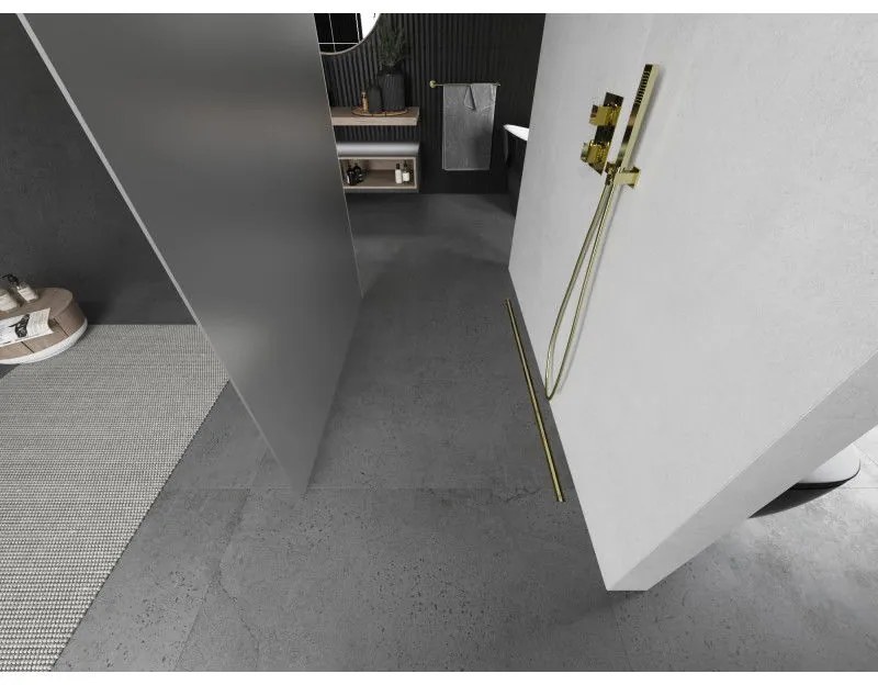 Mexen Kioto, sprchová zástena Walk-In 110 x 200 cm, 8mm sklo námraza, zlatý matný profil, 800-110-002-55-30