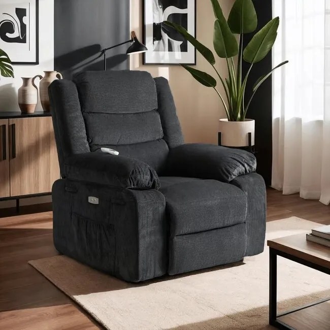 Elektrické polohovacie masážne kreslo Avalon čierna plochá tkanina