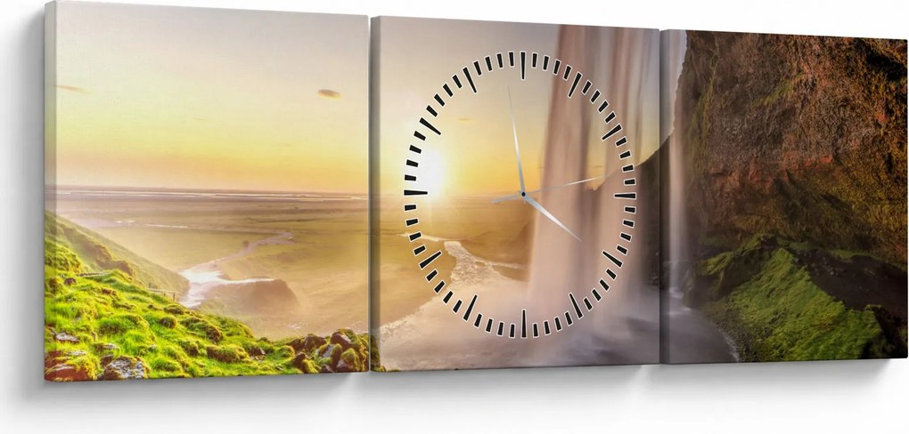Obraz - Seljalandsfoss spoza vnútra jaskyne (s hodinami) (90x30 cm)