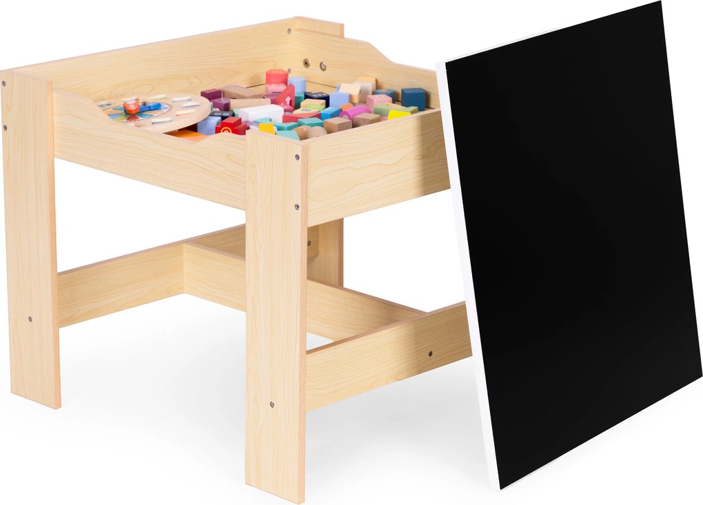 Detský set nábytku ECOTOYS – stôl s kriedovou tabuľou + 2 stoličky a úložný priestor