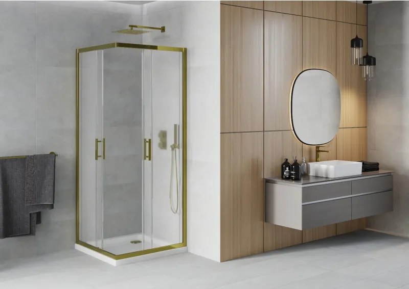 Mexen Rio, štvorcový sprchovací kút s posuvnými dverami 90(dvere) x 90(dvere) x 190 cm, 6mm sklo námraza, zlatý profil + biela sprchová vanička SLIM, 860-090-090-50-30-4010G