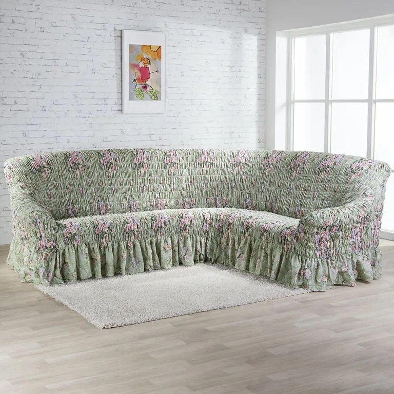Napínacie poťahy s volánom FIORELA zelená dvojkreslo (š. 110 - 170 cm)