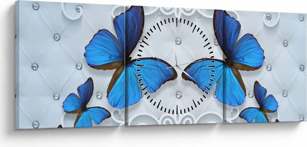 Obraz - Modré motýle (s hodinami) (90x30 cm)