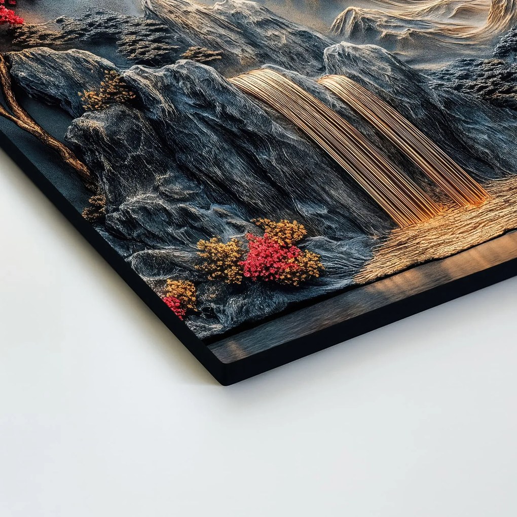 DUBLEZ | Drevený obraz - Zlatý mesiac nad vodopádom