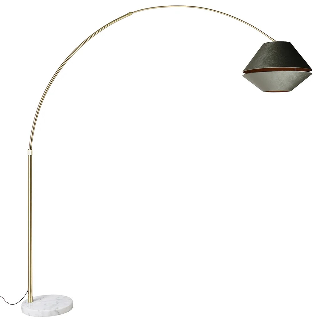 Mosadzná oblúková lampa s bielym a dvojitým zamatovým tienidlom zelená - XXL