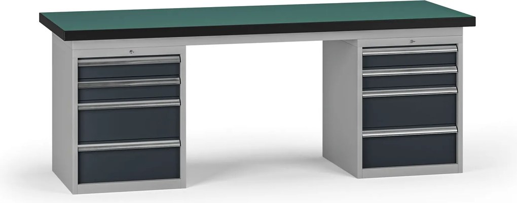 Pracovný stôl do dielne G8, 2100 x 750 x 800 mm, 2x kontejner, 8 zásuviek, grafit