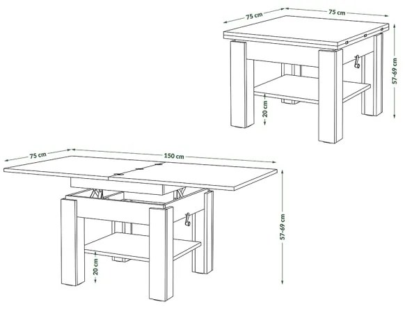 Rozkladací konferenčný/jedálenský stôl so zdvíhacou doskou CALEB dub craft/čierna